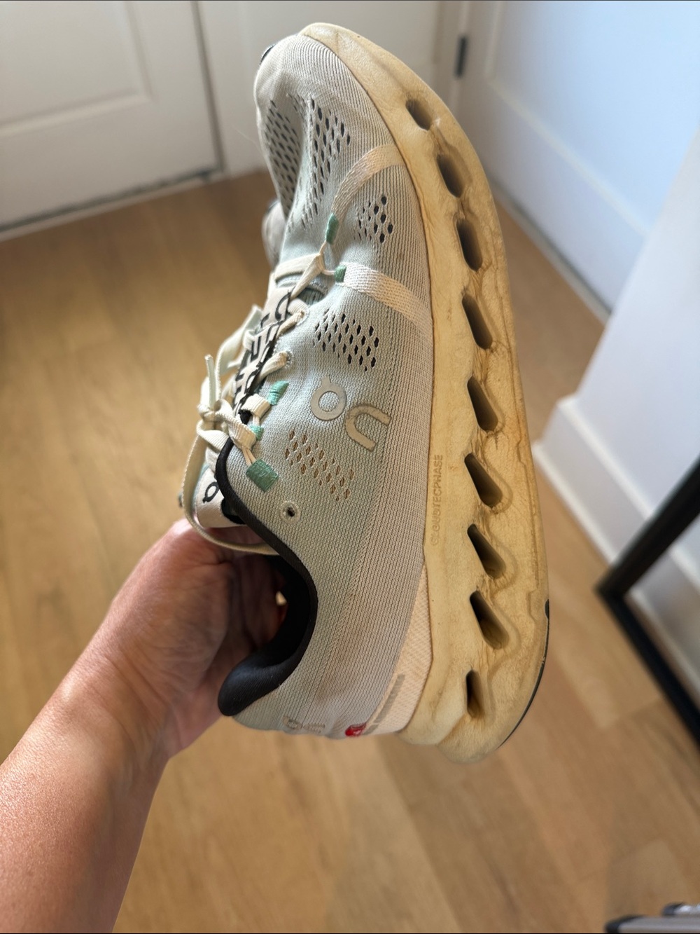 On Running CLOUDSURFER Off-White Mesh Running Sneaker with Mint Accents - Picture 2 of 4